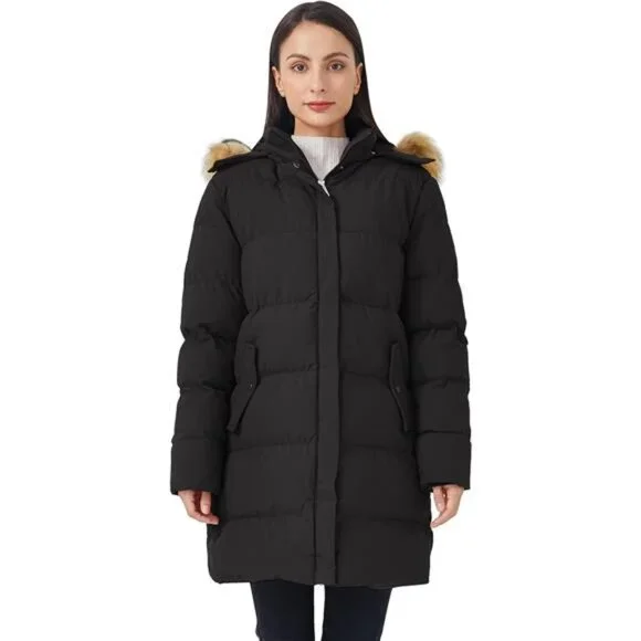 Women's Winter Puffer Coat Long Warm Jacket Faux Fur Hood Waterproof Insulated
